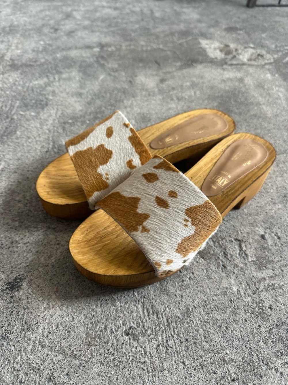 Seychelles Cowhide Slide Sandals with Wood heel.